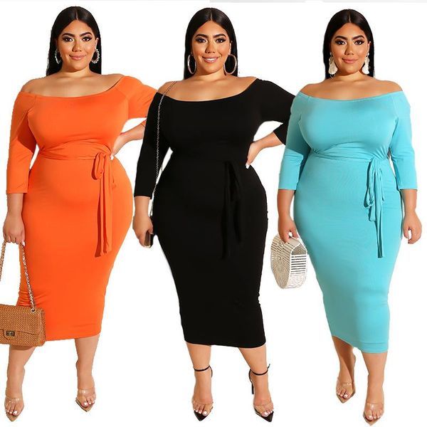 

plus large size women midi dress long sleeve knit solid color slash neck collar urban fashion skirt 5xl oversize 2021 summer casual dresses, Black;gray