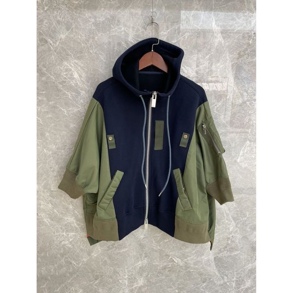 

men women sacai fashion stitching loose bat sleeve hooded jacket casual thick cotton coats, Black;brown