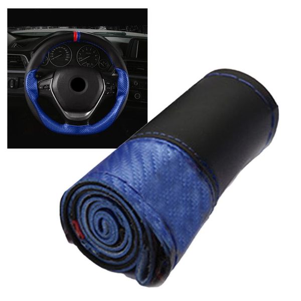 

steering wheel covers 100% brand leather carbon fiber blue 38cm diy car cover with needles thread