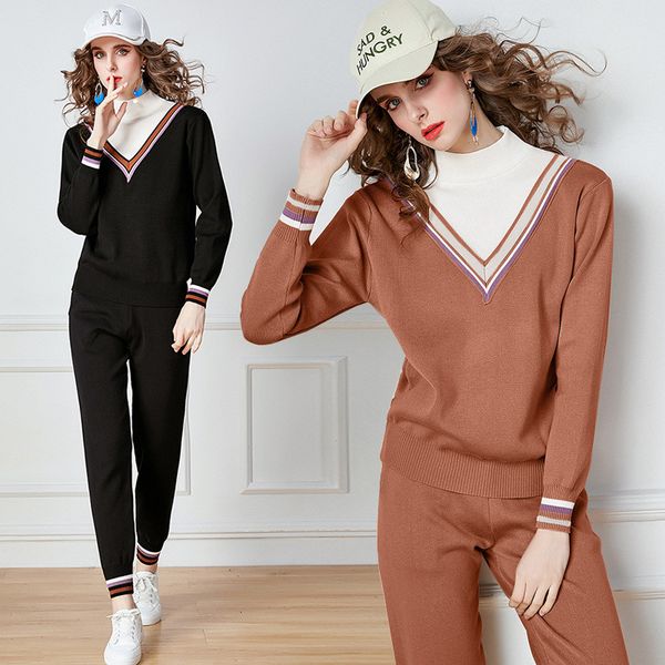 

tracksuits fashion sport suit autumn pullover half high collar loose v-neck contrast stitching t-shirt + casual pants set, Gray