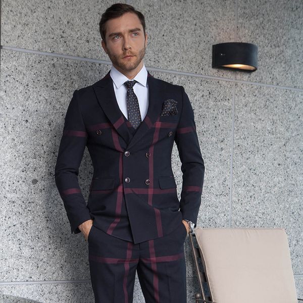 

Double Brested Men Suits 3 Piece Plaid Business Suits Peak Collar 2020 Mens Dress Suits Formal Wear, Black