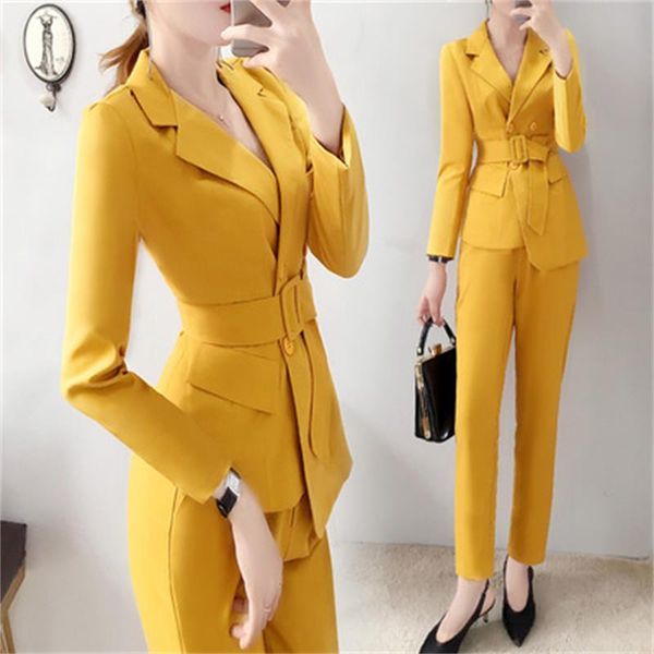 

fashion pants suit female fall professional yellow spring casual business two-piece set women's suits & blazers, White;black
