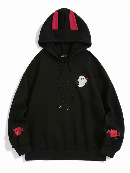 

plus halloween embroidery 3d ear design drawstring hoodie m63d#, Black