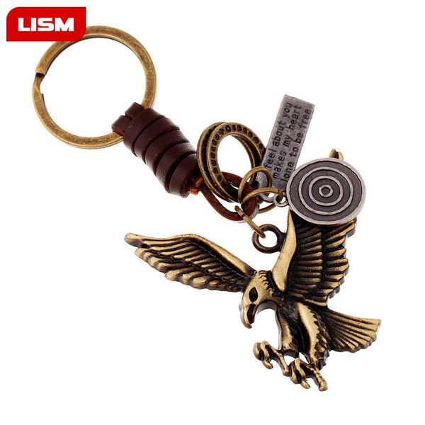 

keychains eagle wings metal key chain totem ancient bronze alloy cowhide women lettering ring tag multi keychain, Silver