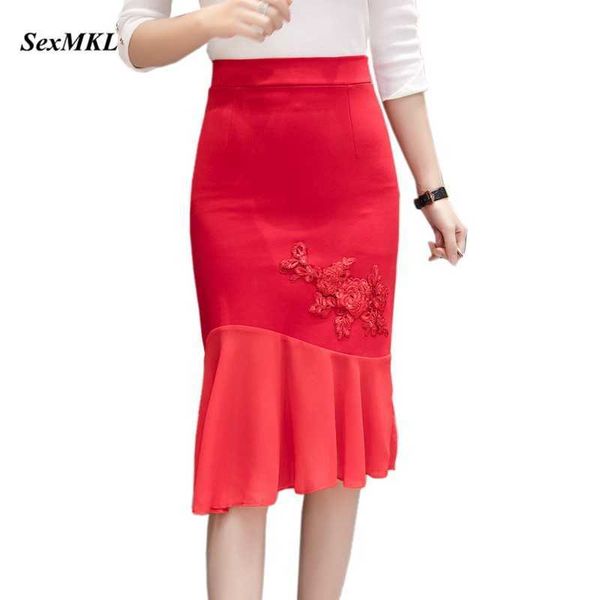 

faldas mujer moda plus size black skirts womens high waist skirt ruffles office korean slim women red skirt jupe femme 210528