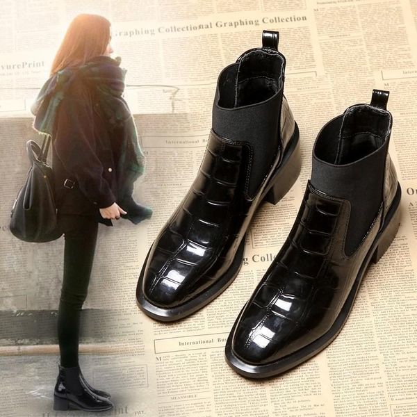 

boots lyxlyh women's mid heel autumn winter casual shoes square head fashion ankle short patent leather, Black