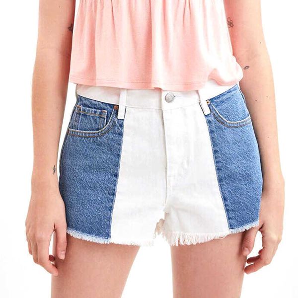 

jeans 2021 american women's splicing high stretch mid waist denim shorts, Blue