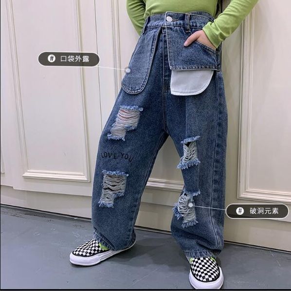 

jeans 2021 wholesale girls denim holes pants fashion autumn jean 4-10t f526, Blue