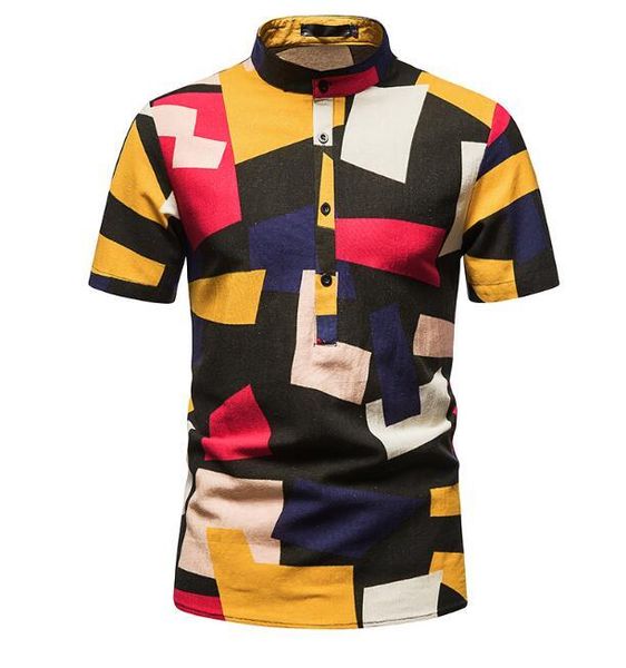 

summer hawaiian shirts men short sleeve casual geometric stitching printed cotton linen beach holiday streetwear blouse men's, White;black