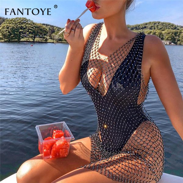 

casual dresses diamonds mesh beach women hollow out crystal diamond sleeveless bodycon party elestic nightclub outwear m51p, Black;gray