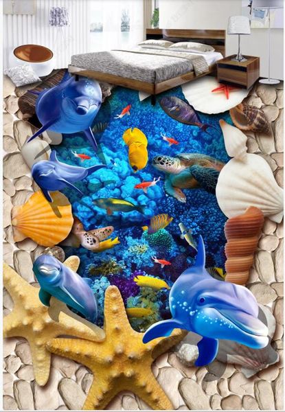 

3d pvc adhesive bathroom floor wall stickers wallpaper sea animal dolphin fish starfish shell home decor self-adhesive vinyl flooring wallpa