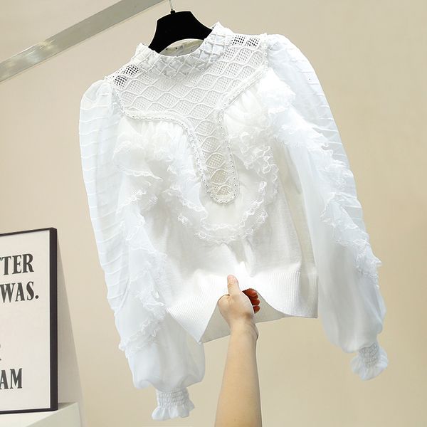 

knits chiffon panel lace knit women ruffles sweater lantern-sleeve beaded shirts girls ladies temperament blusa, White