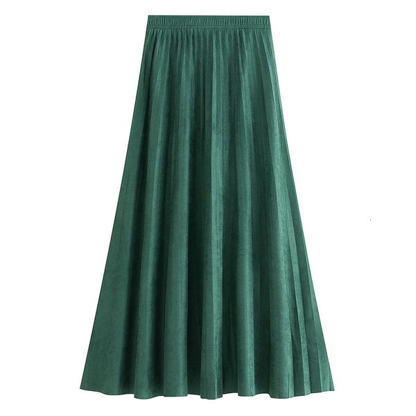 

skirts autumn colored suede a-line long pleated skirt korean style velvet drape solid calf green red gray puyo, Black