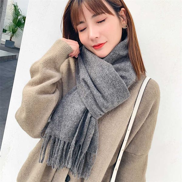 

cashmere women's winter 2021 pure color wool scarf cold proof and warm korean tassel shawl, Blue;gray