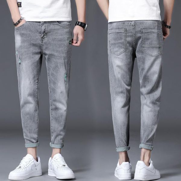

men's jeans 2021 summer korean youth casual slim hole stretch fashion, Blue