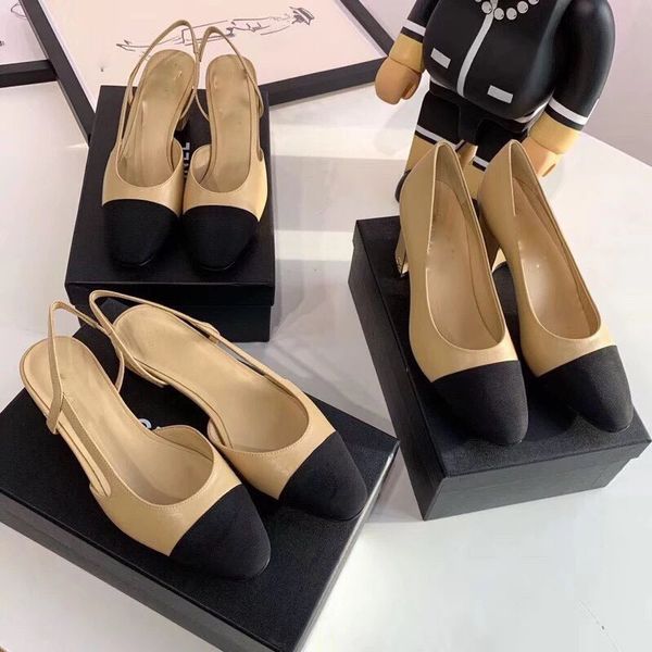 

classic nude color thick heel leather matching sandals hollow high-heeled flat sole women's single shoes with box, Black