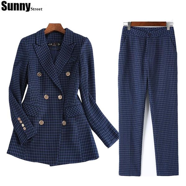 

ladies fashion business suit double breasted blazer dark blue and beige checked jacket pencil pant 2 pieces set women's two piece pants, White