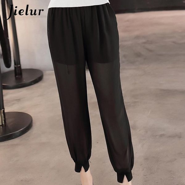 

women's pants & capris summer chiffon mesh patchwork harem women korean pocket slim beam trousers basic casual solid color pantalon, Black;white