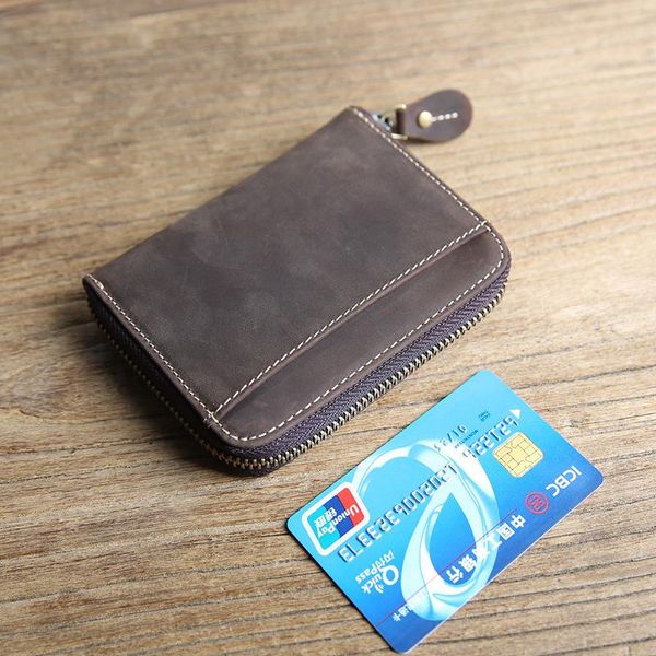 

wallets men's wallet vintage leather short zip card case crazy horseskin driving license pack, Red;black