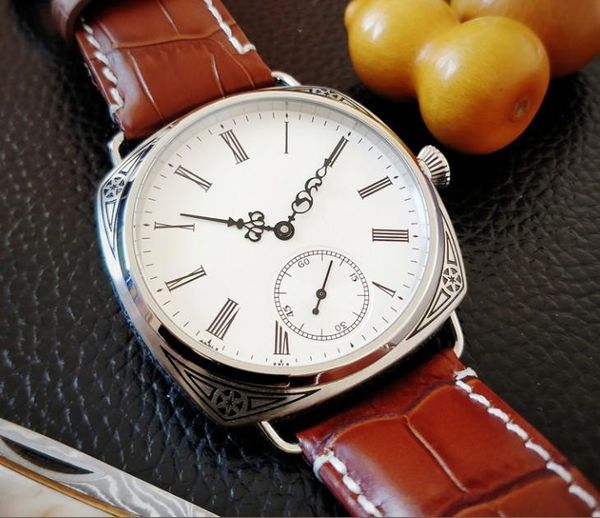 

wristwatches 47mm geervo asian 6498 17 jewels mechanical hand wind movement carving decorative pattern case watch gr229-g8, Slivery;brown