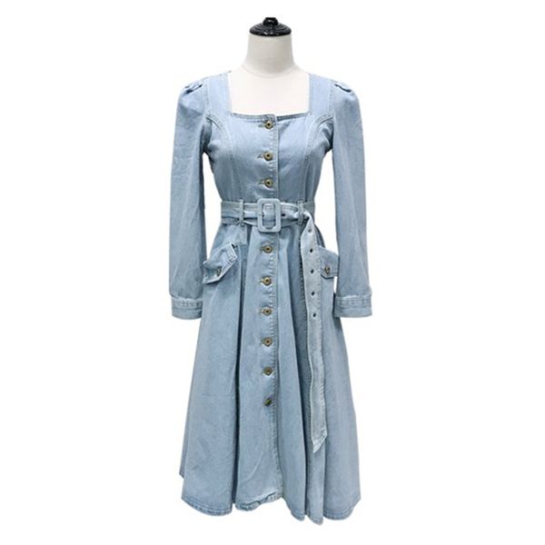 

women elegant square collar blue denim dress single-breasted sash pocket long sleeve a-line knee length dresses d2321 210514, Black;gray