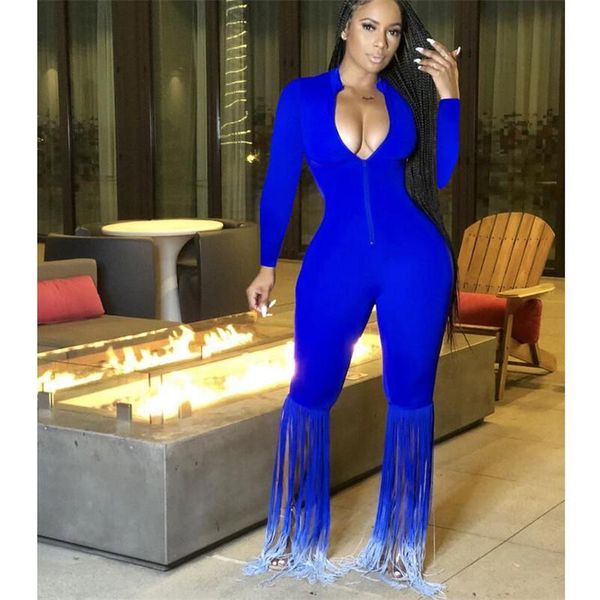 

women's jumpsuits & rompers leg tassel decor jumpsuit womens long sleeve skinny bodycon club party autumn spring female overalls, Black;white