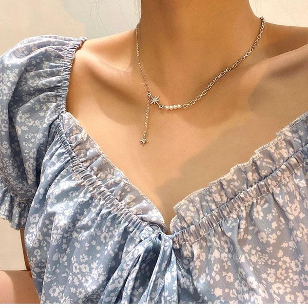 

pendant necklaces korean pearl necklace rhinestone star for women temperament jewelry trendy clavicle chain party accessories, Silver