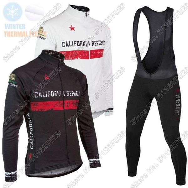 

winter cycling jersey california 2021 set thermal fleece clothing long sleeve mtb bike road pants bib maillot culotte racing sets, Black;blue