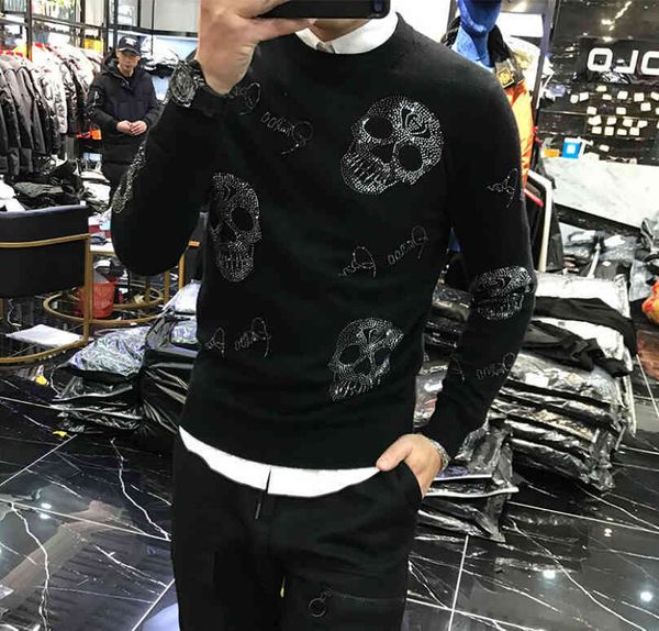 

men's sweaters winter korean style personality fit fashion brand skull heavy technology drilling sweater man yk7c, White;black