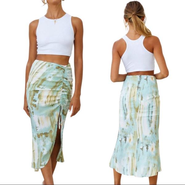 

women's bodycon boho midi skirts, high waist tie dye print side drawstring split long skirts summer 2021, Black