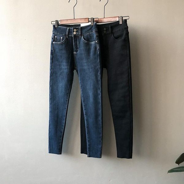 

women's jeans winter fashion elasticity denim pants button casual thicker warm trousers, Blue