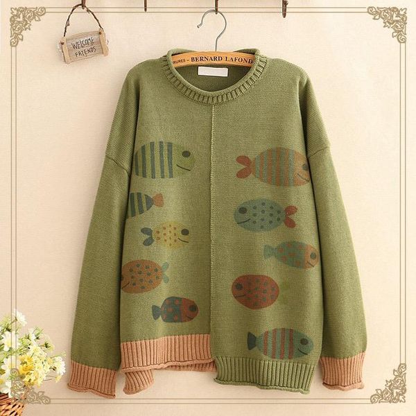 

women's sweaters cartoon colorful fish pattern loose pullover female sweater 2021 autumn winter, White;black