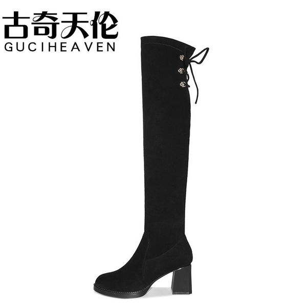 

boots women's autumn and winter round toe thick heels over the knee long, Black