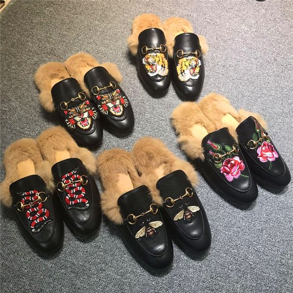 

classic women fur slippers mules flats suede mule shoes designer fashion genuine leather loafers shoes with metal chain, Black