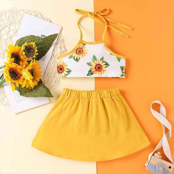 

2pcs summer baby girls clothes sets sunflowers printed strap sleeveless belt a line skirts 1 6y, White
