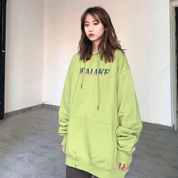 

dealake hip hop street letter print round neck sweater women's loose and versatile bf casual plush top, Black