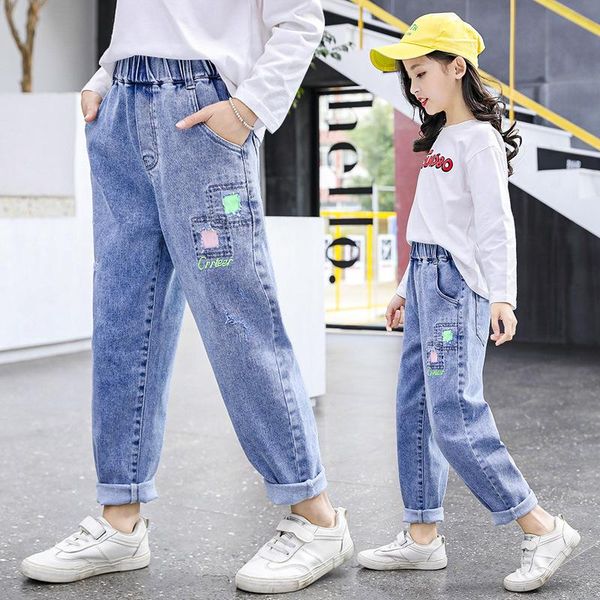 

jeans girls' spring 2021 children's loose pants korean wide-leg harem, Blue