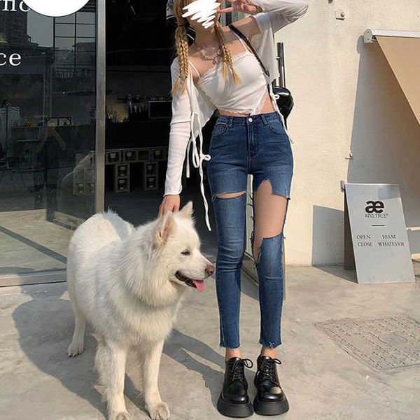 

waist big high hole jeans women's summer thin 9 / 2021 slim elastic leggings, Blue