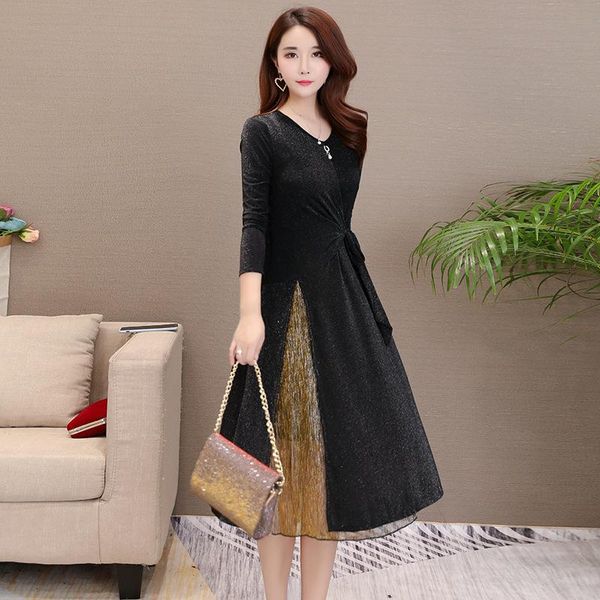 

casual dresses 2021 autumn pattern self-cultivation v lead longuette long fund elastic waist pendulum sleeve dress, Black;gray