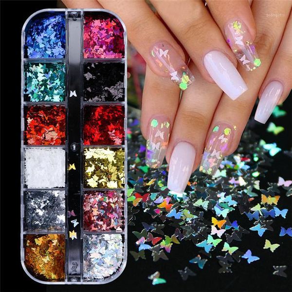 

12grid/set holographic nail glitter sparkly 3d flower thin shell butterfly flakes decor for art accessories jewelry1, Silver;gold