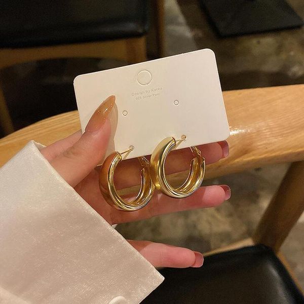 

hoop & huggie lats design simple big gold c-shaped geometric earrings for women korean fashion round silver color trendy jewelry, Golden;silver