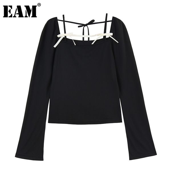 

[eam] women black slim bandage bow hollow out slim t-shirt square collar long sleeve fashion spring autumn 1dd6677 210512, White