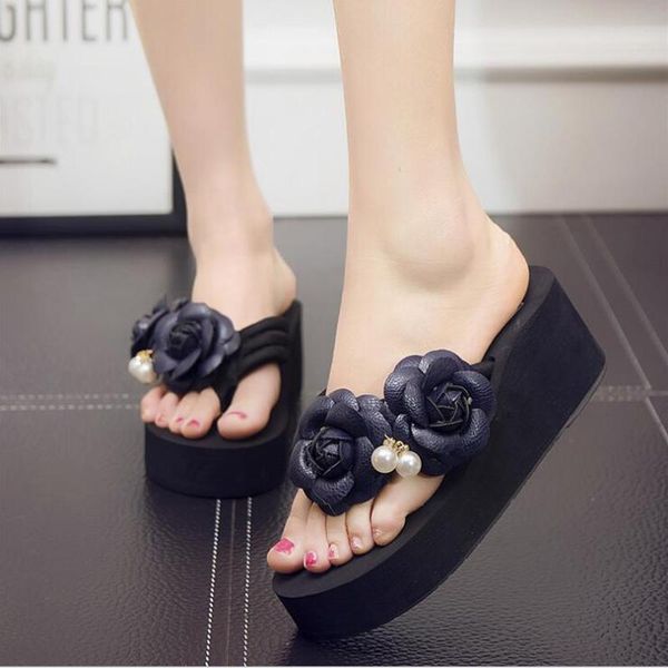 

comfortable flat heel sandals women summer shoes woman bohemia flowers beach ladies flip flops platform slippers c504, Black