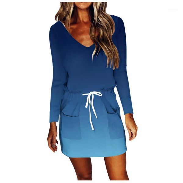 

casual dresses women gradient mini dress summer v-neck long sleeve loose beach style drawstring with pocket robe femme, Black;gray