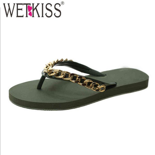 

wetkiss slippers women summer flip flops beach sandals casual outdoor travel shoes metal chain flats non-slip slippers shoes 210630, Black