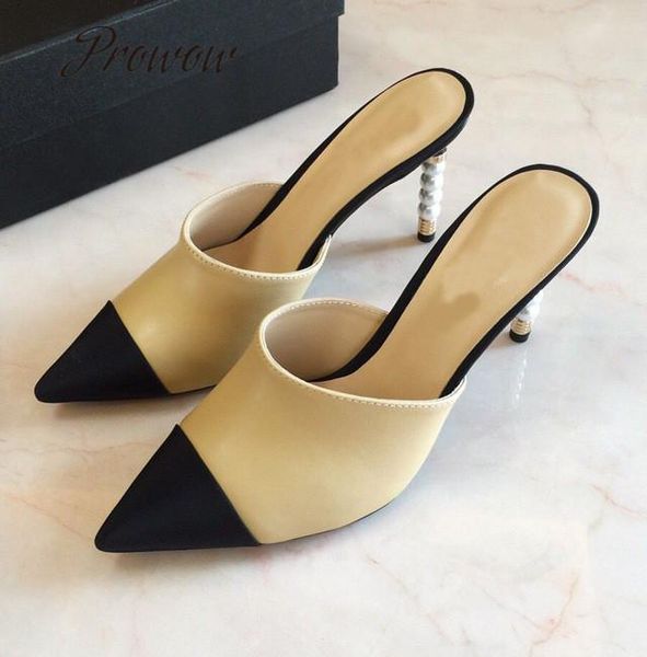 

slippers prowow 2021 fashion women's shoes leather bead high-heeled, Black