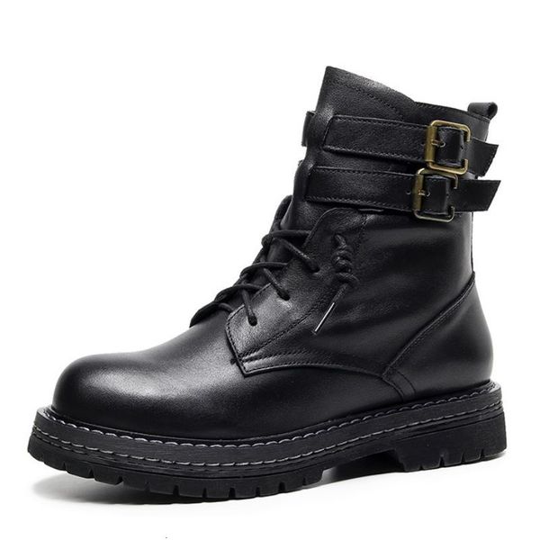 

boots coolcept real leather women ankle zipper metal buckle flats shoes round toe warm party footwear size 35-401 fex8, Black