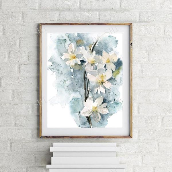 

paintings white daffodils botanical art print, abstract realism floral watercolor painting art, flowers blue grey wall giclÃ©e print