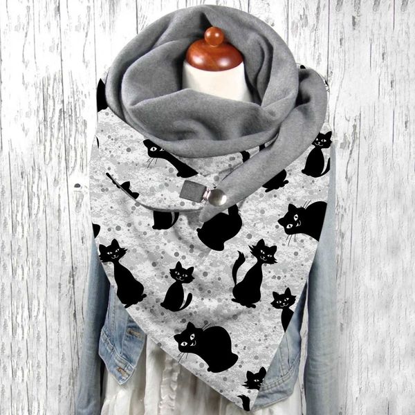 Sciarpa con stampa gatto carino da donna Hijab moda inverno caldo femminile retrò scialle multiuso con bottoni Femme avvolge Foulard
