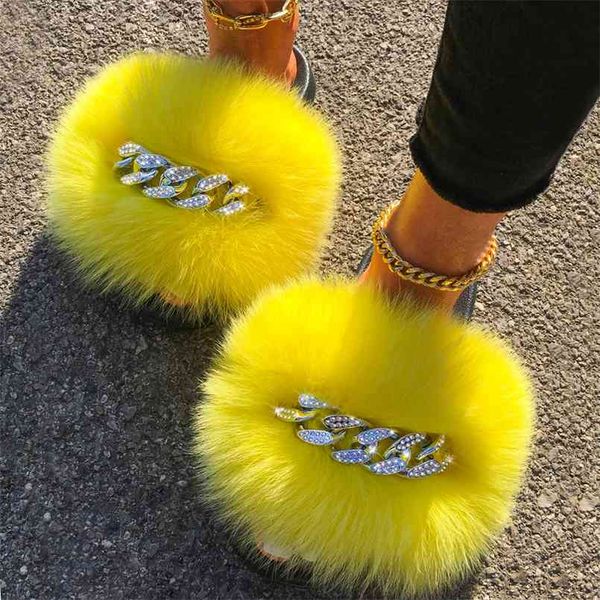 

sandals furry slippers fluffy flip flops diamond chain real slides for women ladies house beach flat shoes 210607, Black
